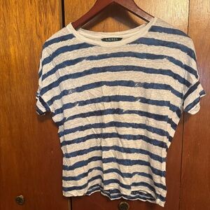 Lauren Ralph Lauren Navy and Cream 100% Linen Striped Tee XS